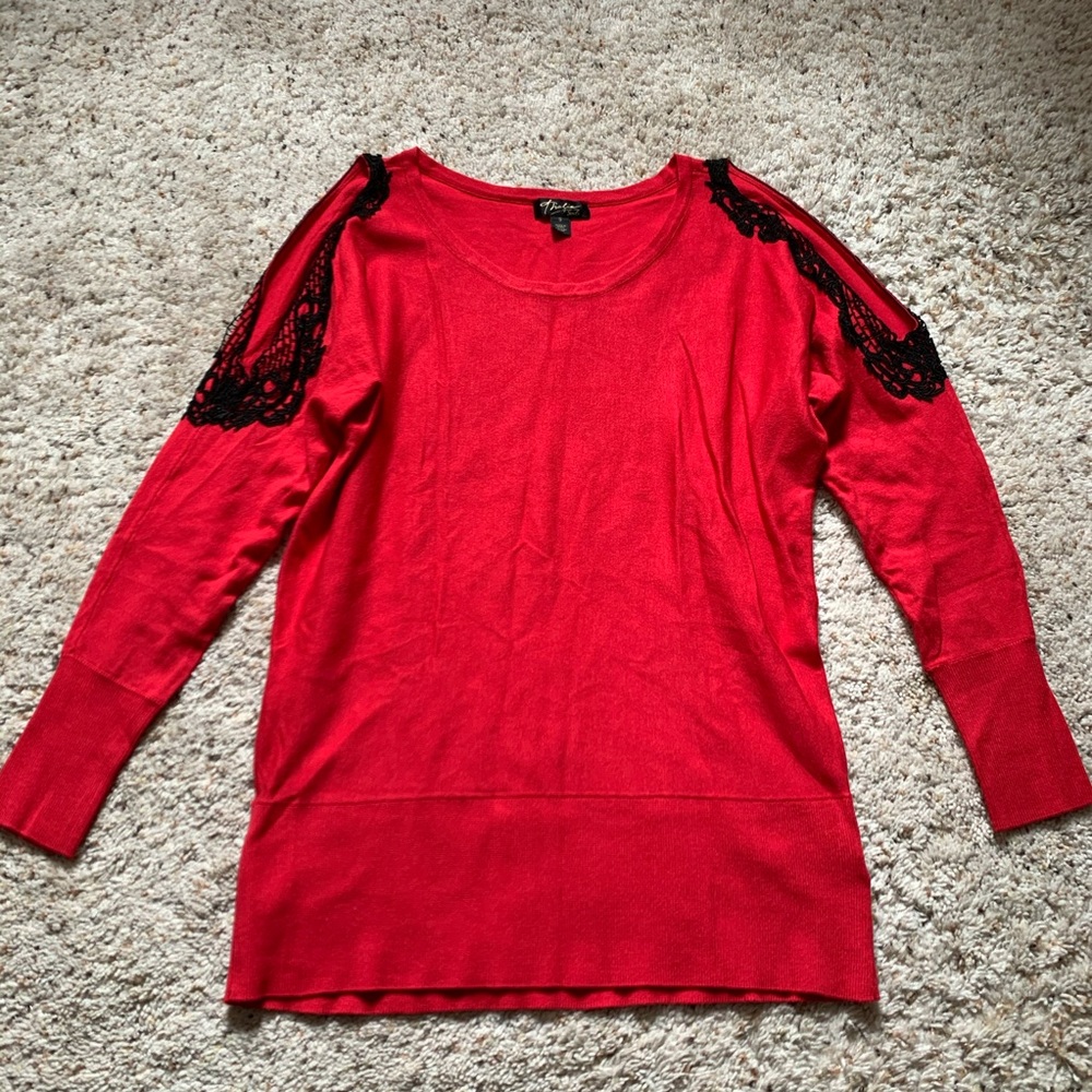 Thalia Sodi Red Sweater with Lace Open Shoulders